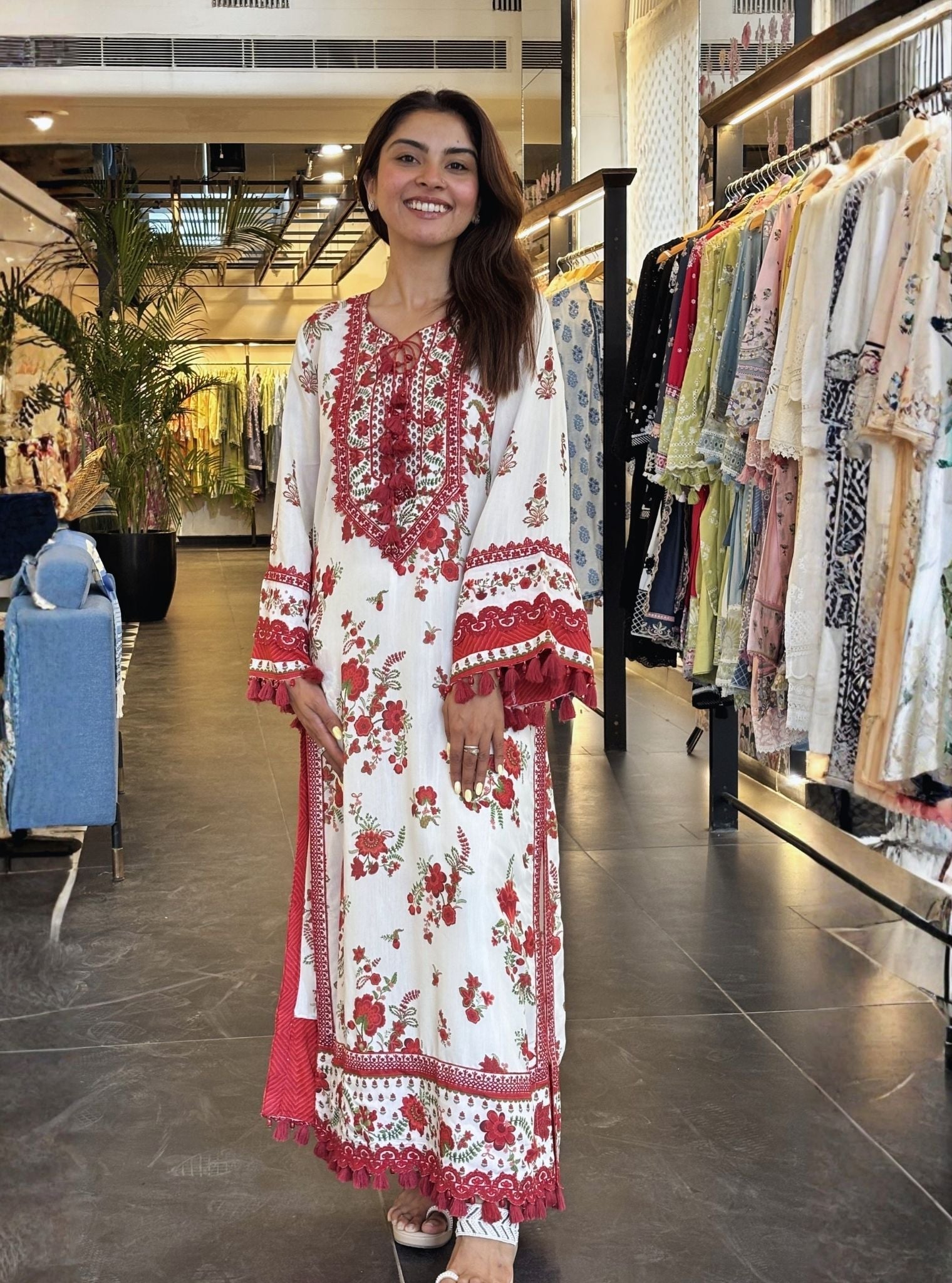 Suvi Lawn Printed Red Kurta Set