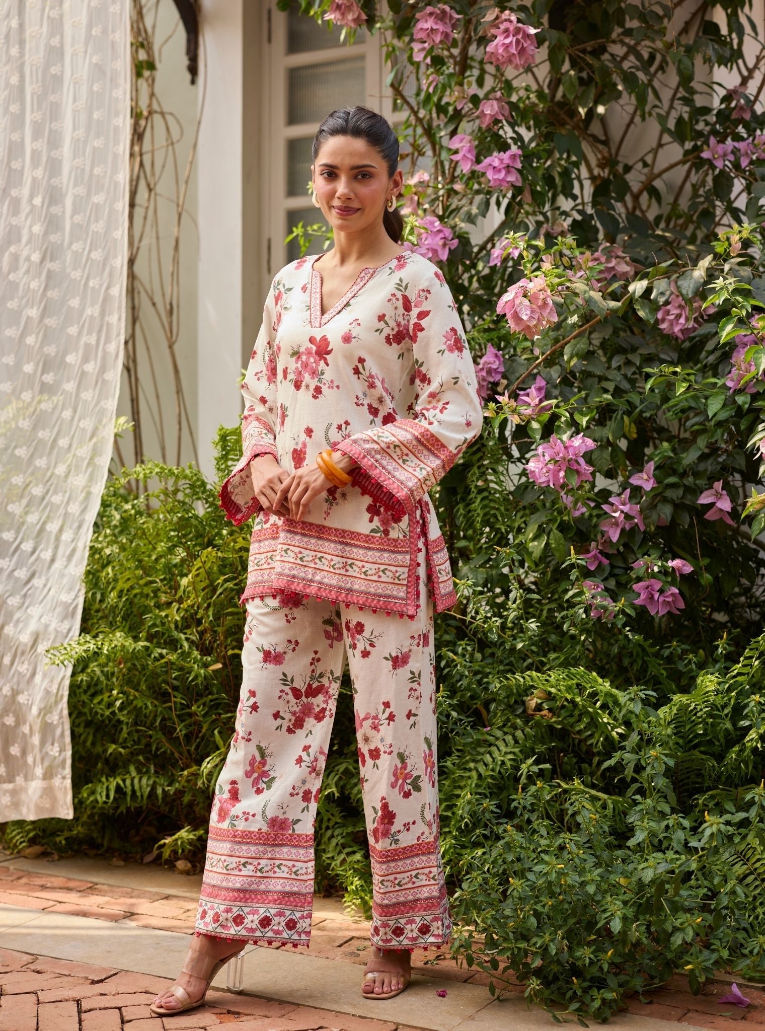 Aelani Linen Printed Off White Top Set