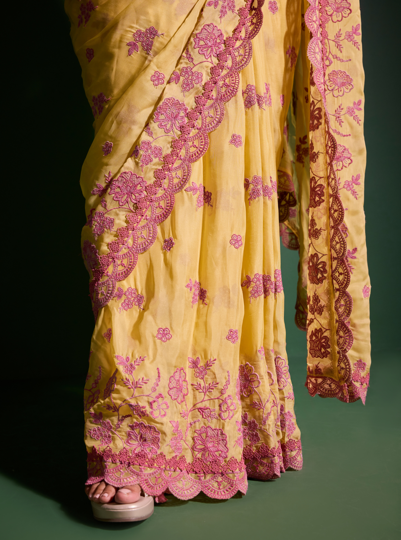 Mulmul Organza Chia Yellow Saree