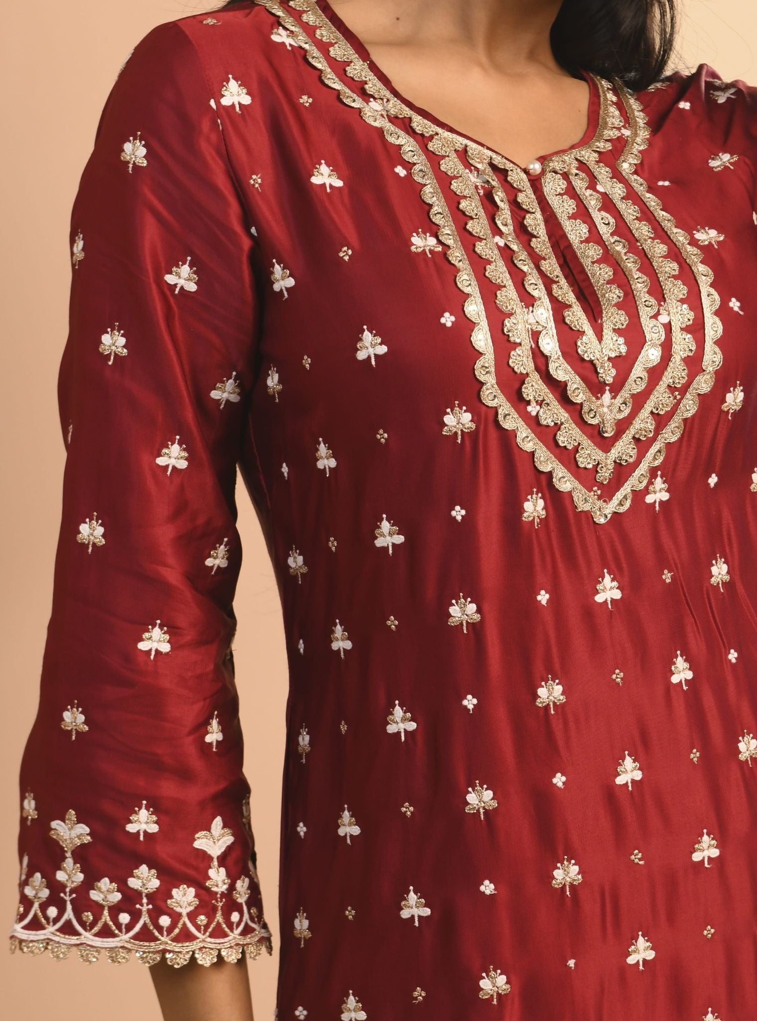 Mulmul Cupro Aarya Wine Kurta