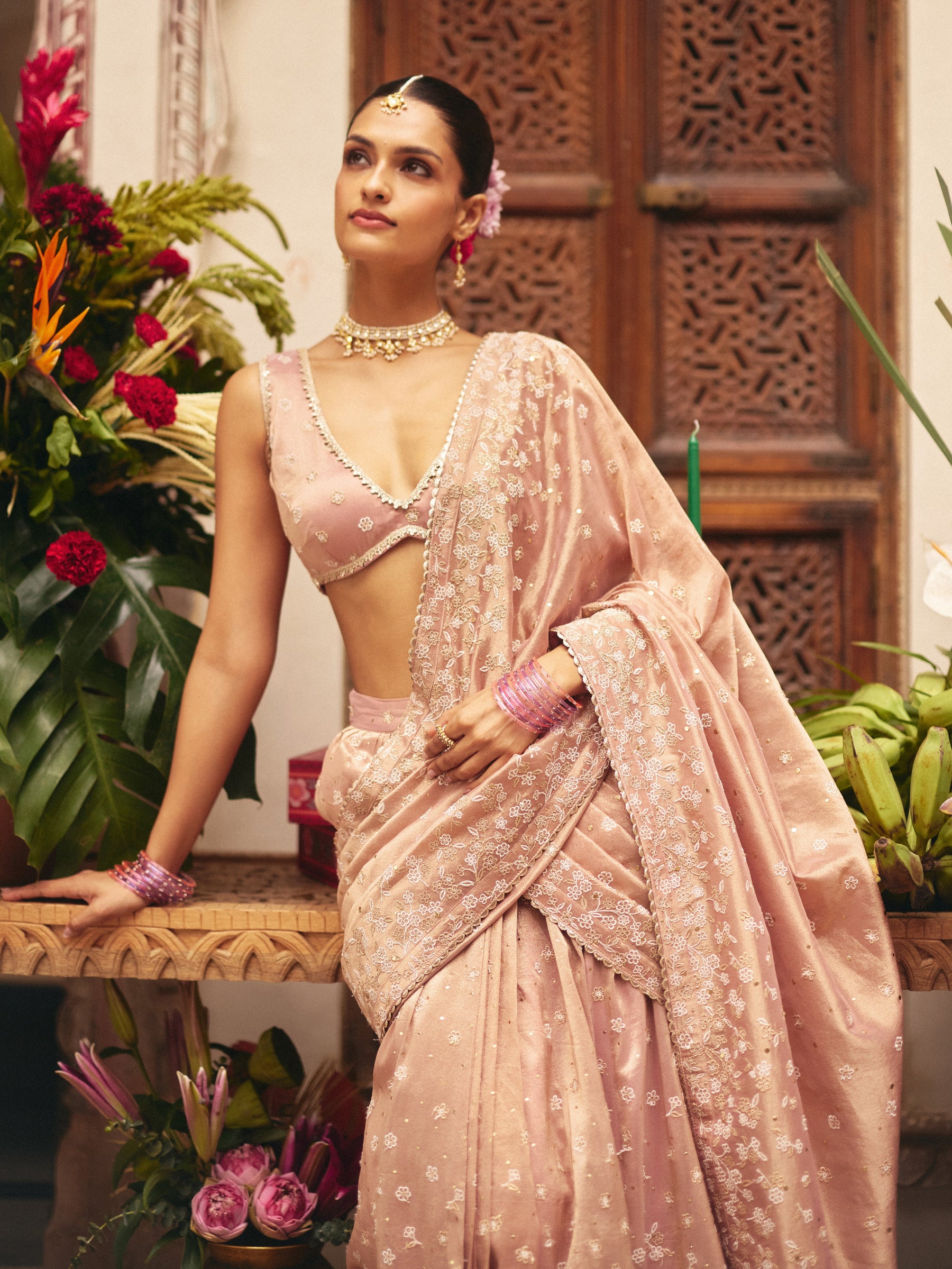 Nalika Tissue Organza Pink Pre-draped Saree