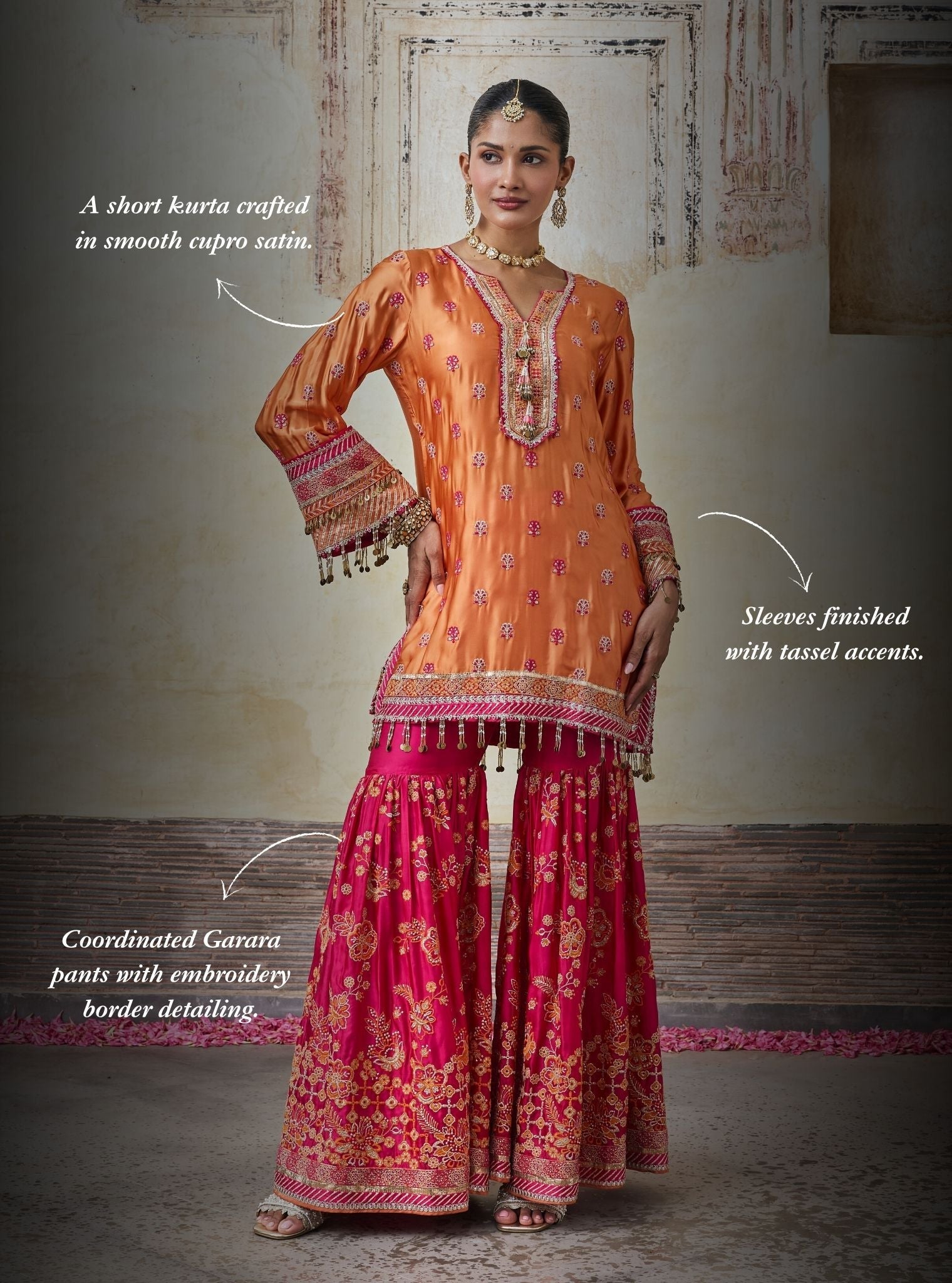 Surkhi Cupro Satin Orange Kurta with Garara
