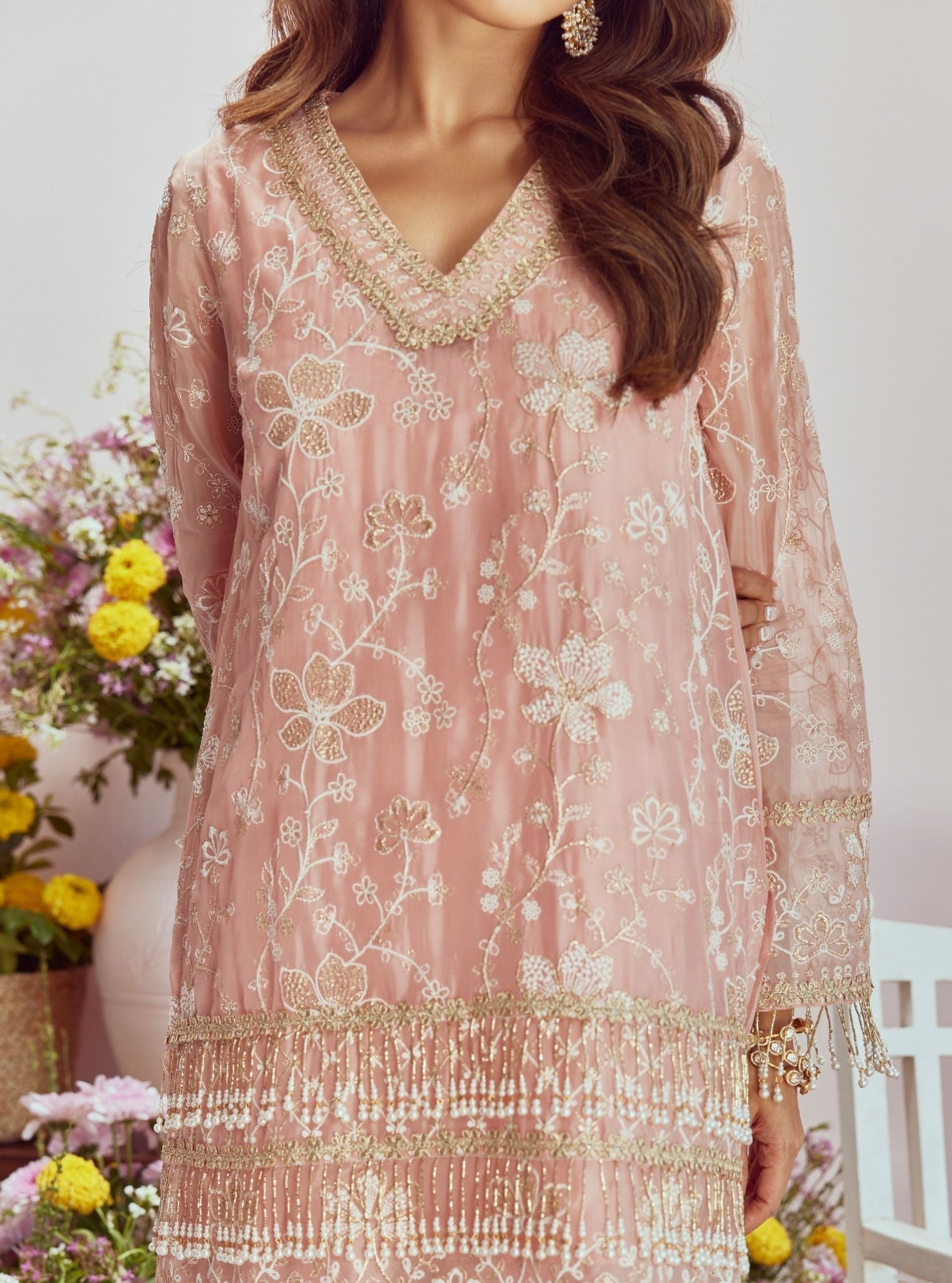 Mulmul Organza Raag Pink Kurta With Mulmul Cupro Satin Raag Pink Sharara