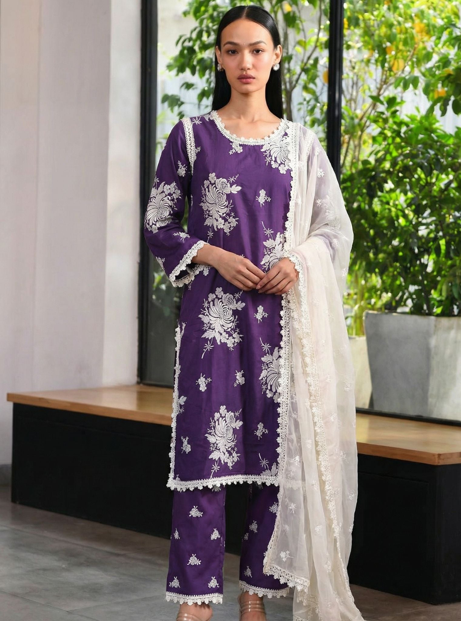 Sutlej Pima Satin Purple Kurta Set