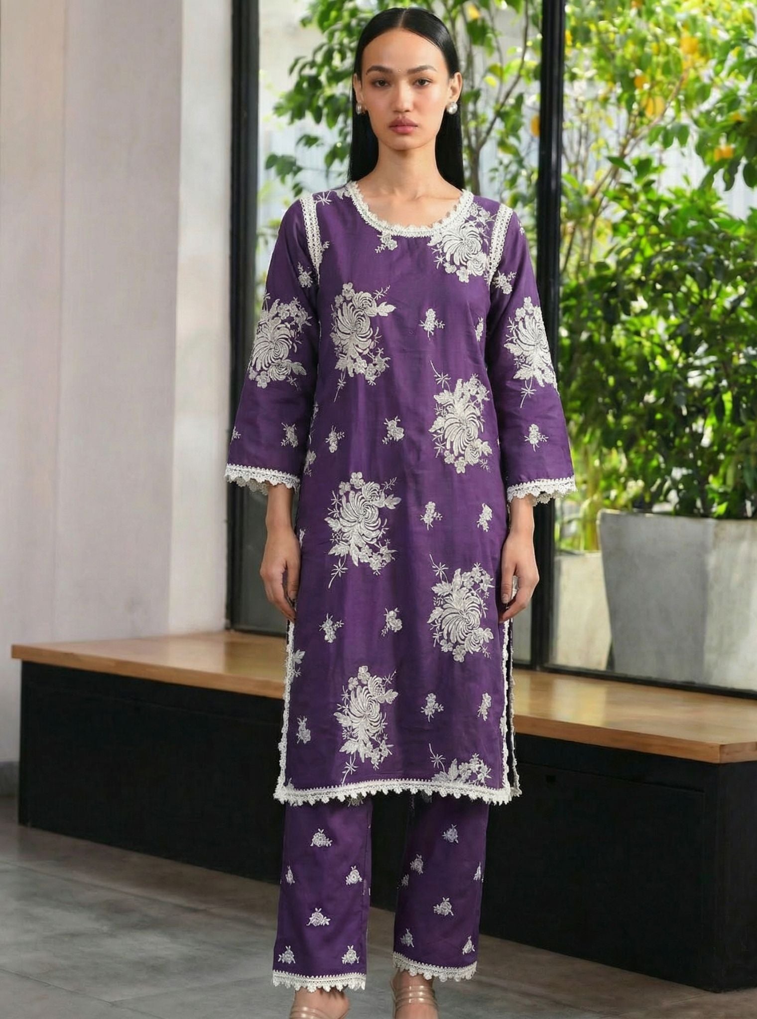 Sutlej Pima Satin Purple Kurta Set