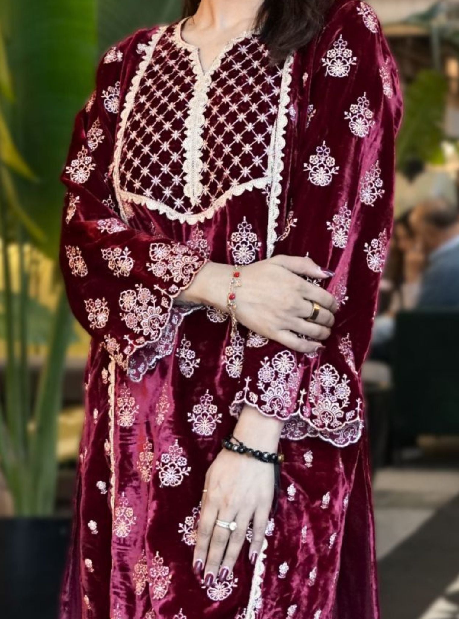 Ghazal Velvet Wine Kurta Set