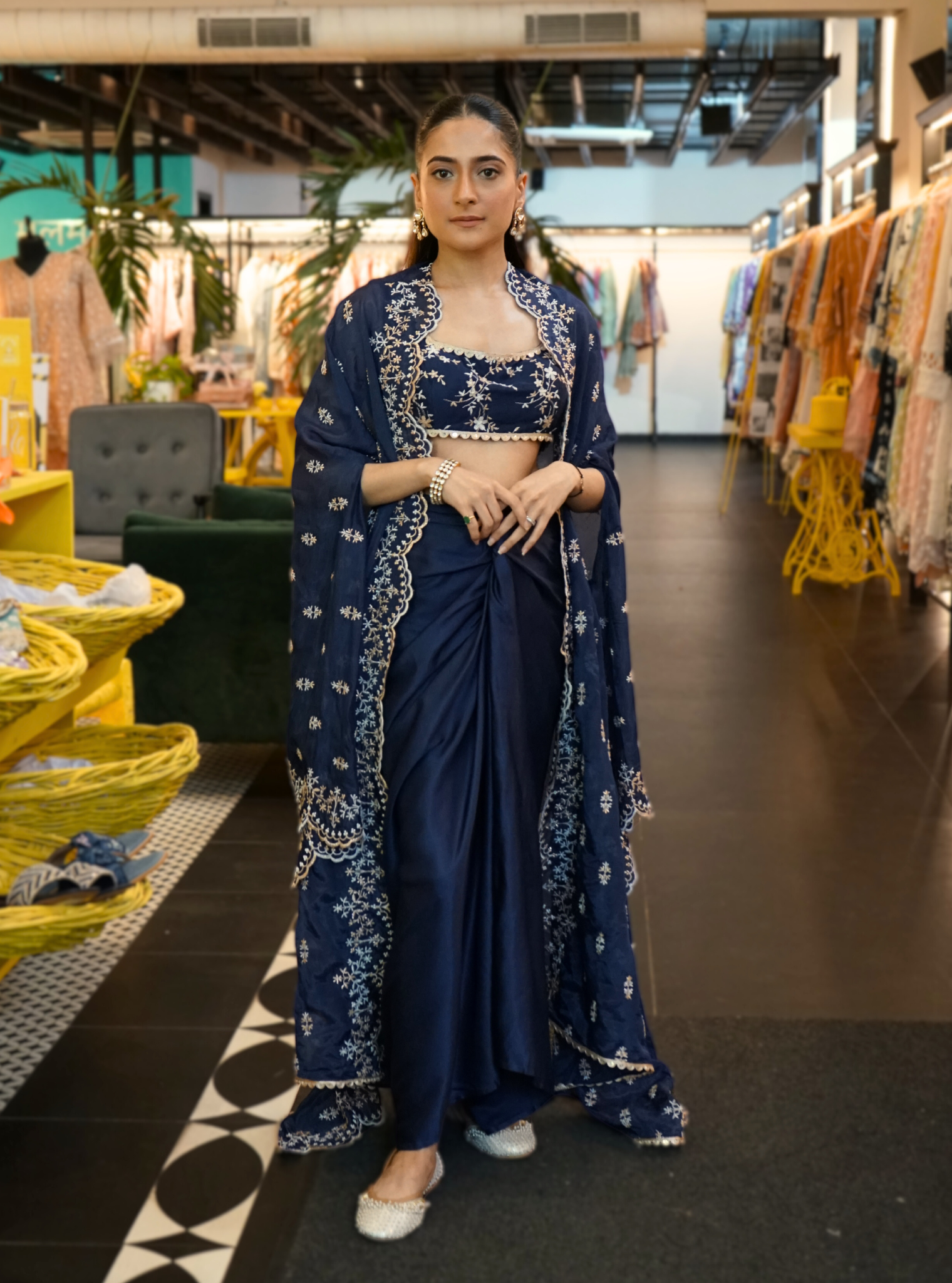 Saanware HO Silk Navy Long Shrug With Skirt