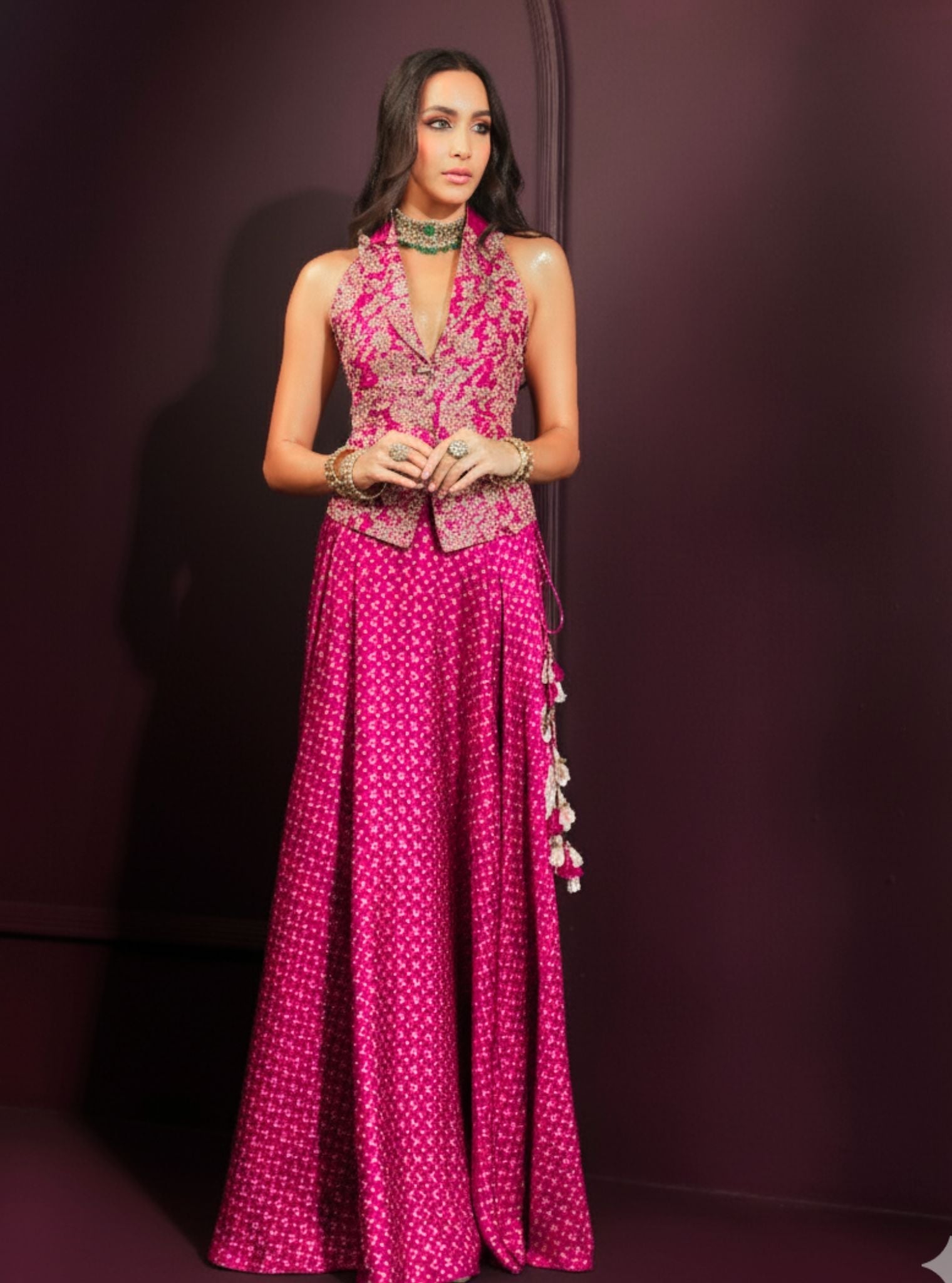Kuhu Cupro Satin Printed Fuchsia Waistcoat with Wide Pleated Skirt