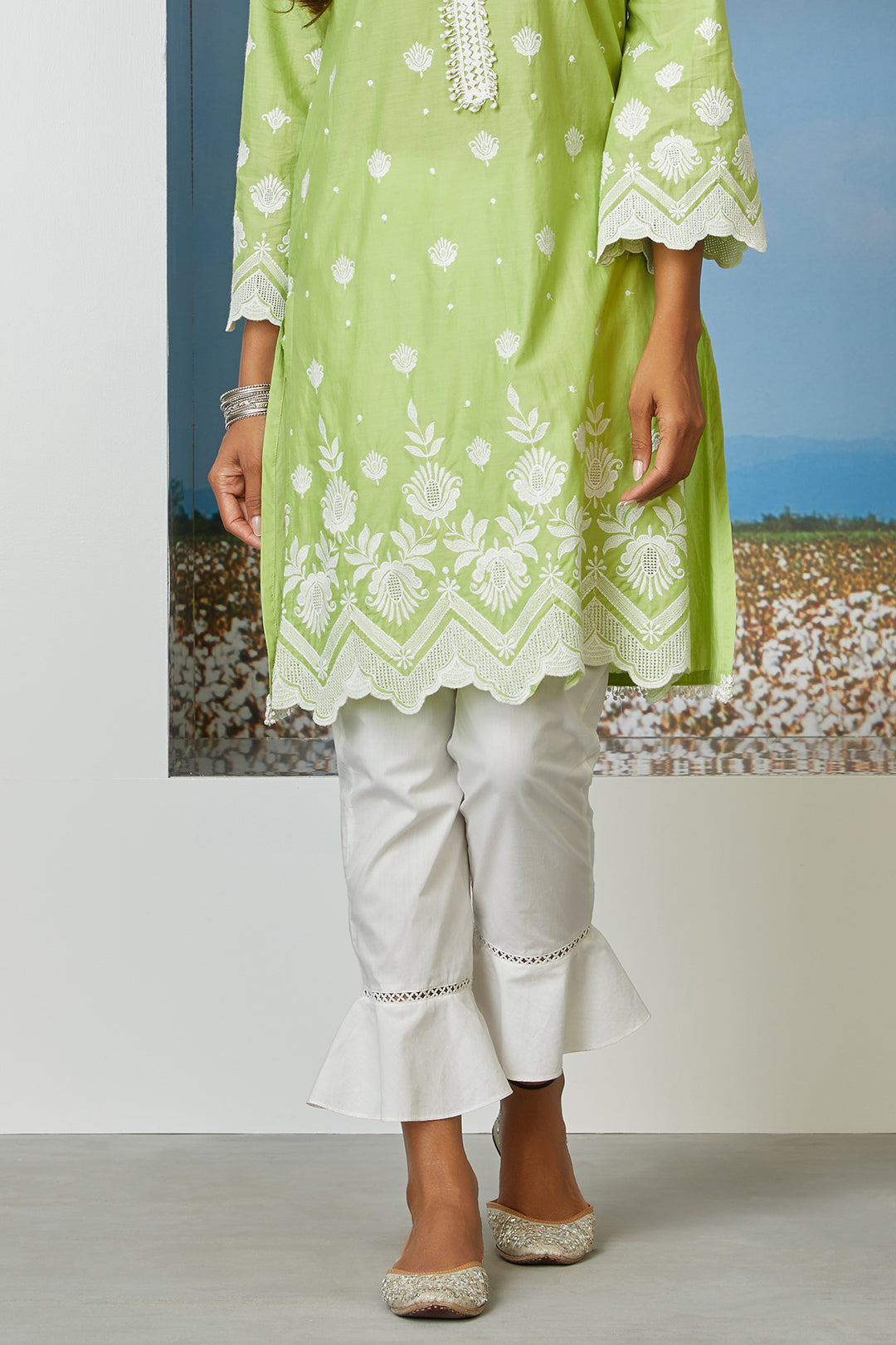 Mulmul Supima Cotton Garden Cress Lime Green Kurta