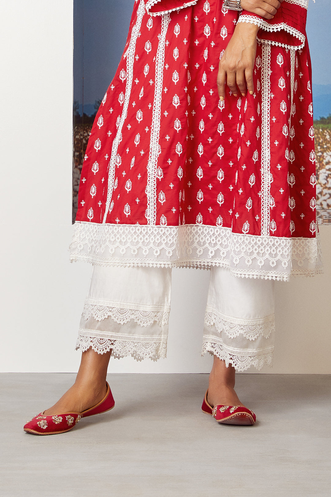 Mulmul Supima Cotton Two Lace White Palazzo