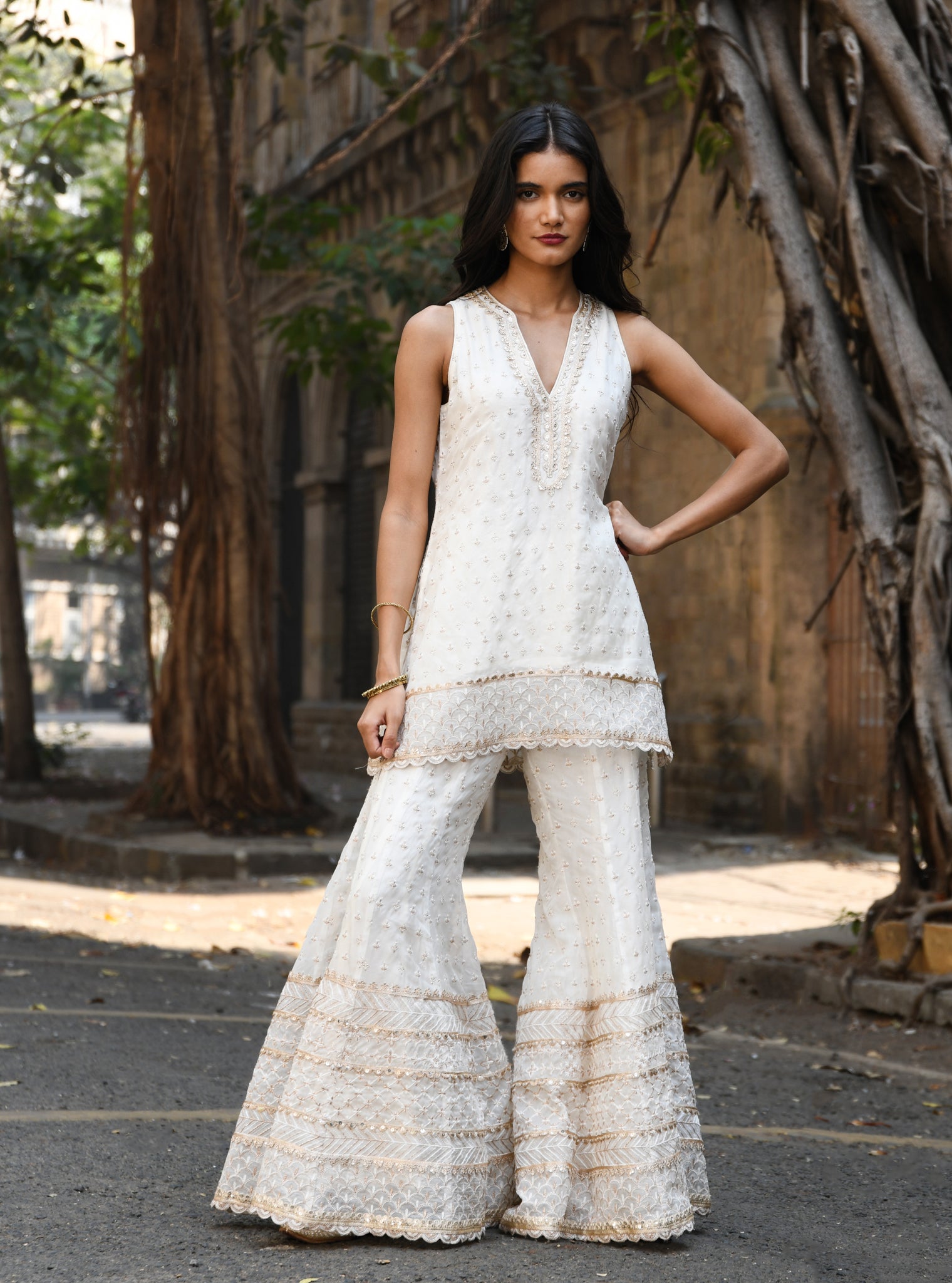 Sangli Organza Off White Kurta with Sharara Set