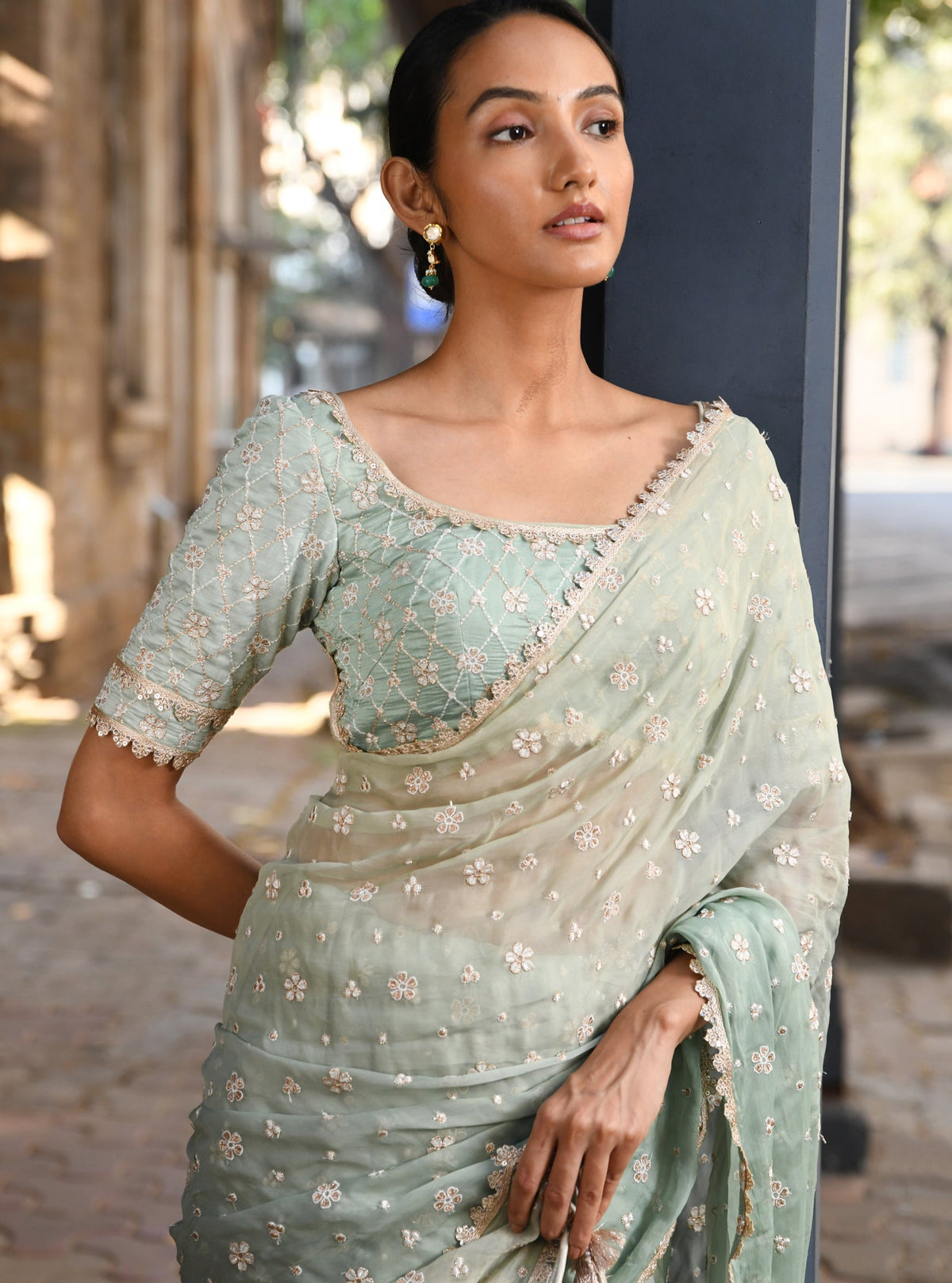 Priyur Organza Ombre Green Saree