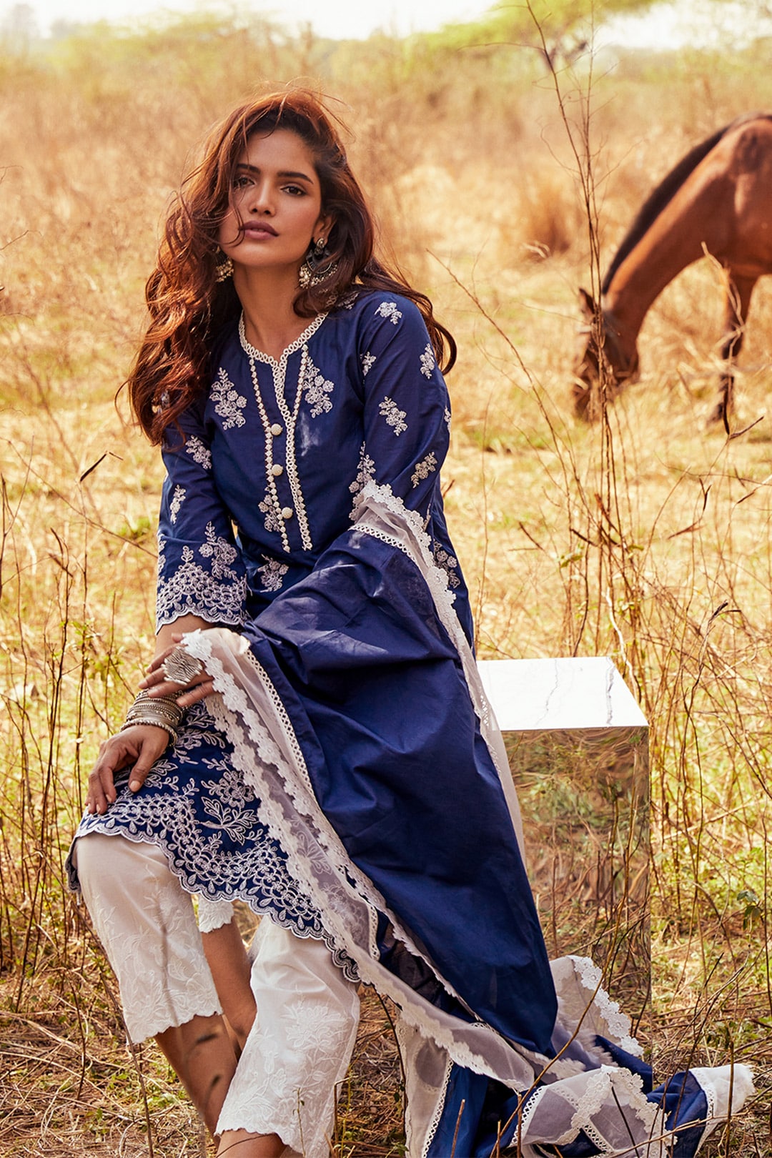 Mulmul Supima Cotton Moon Light Navy Kurta