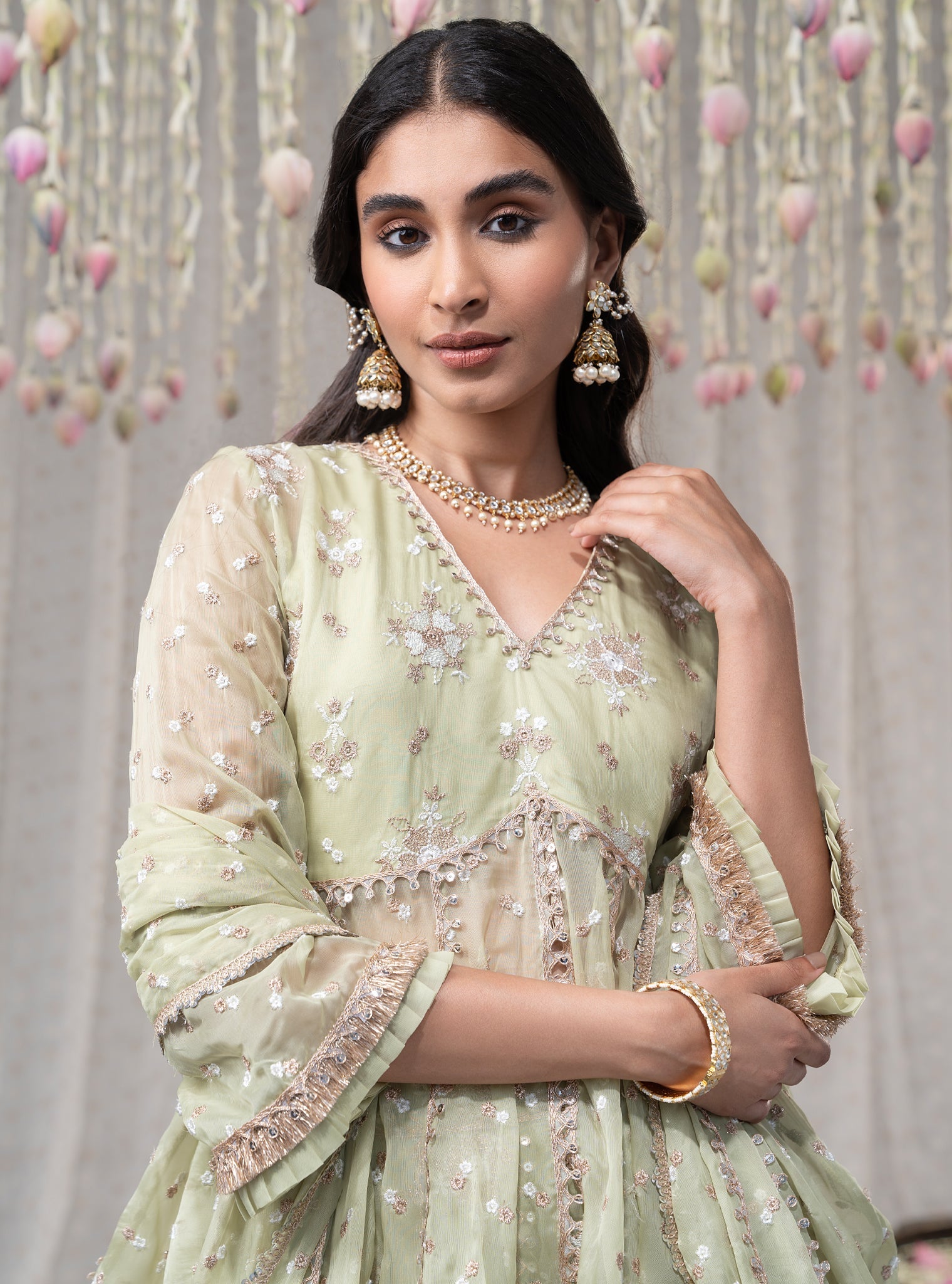 Rajnigandha Organza Short Anarkali Green Kurta with Lehenga Set