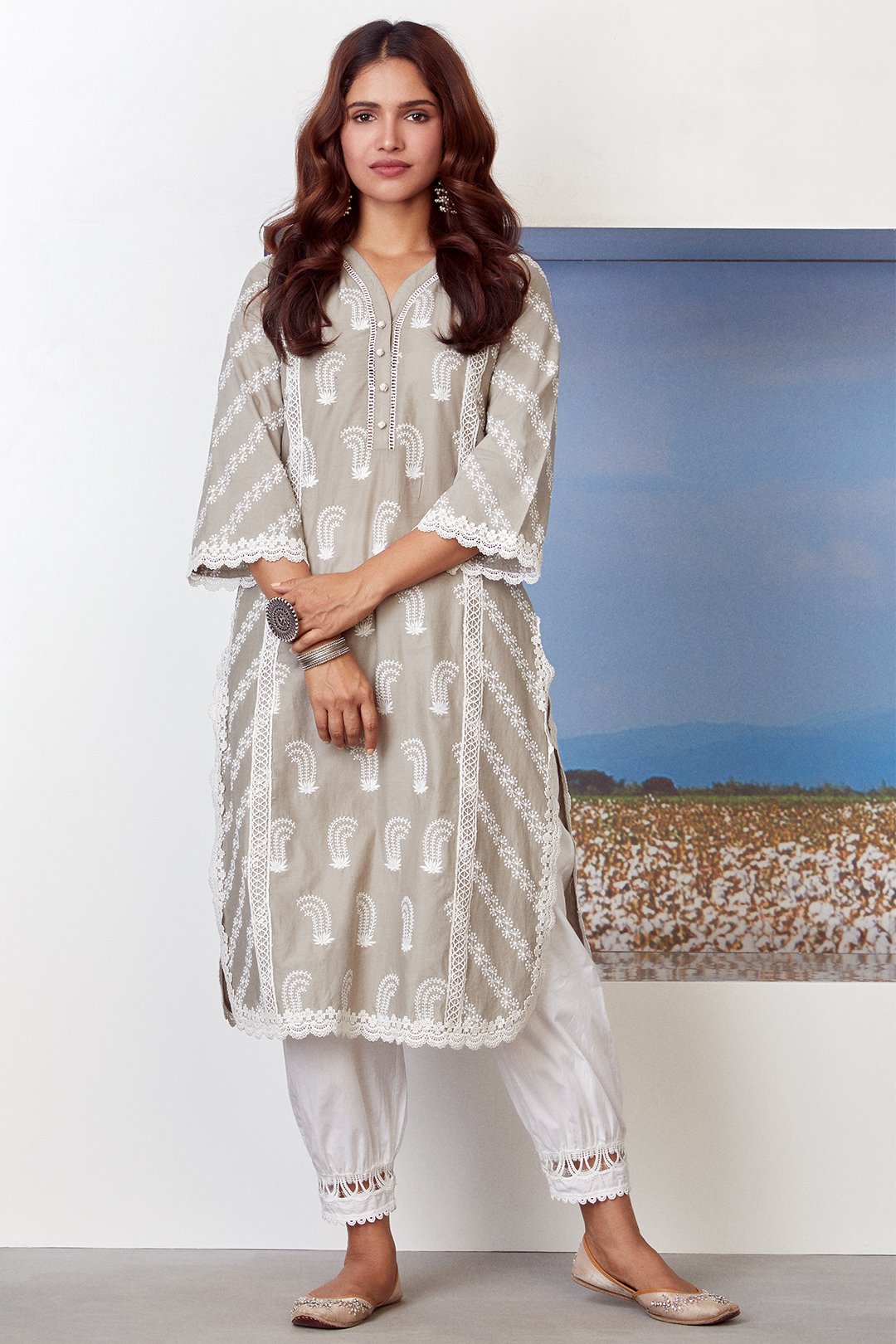 Mulmul Cotton Rhinestone Grey Kurta With New Harem White Pyajama