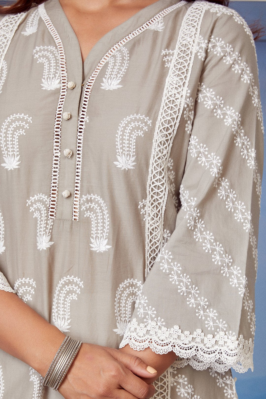 Mulmul Cotton Rhinestone Grey Kurta With New Harem White Pyajama
