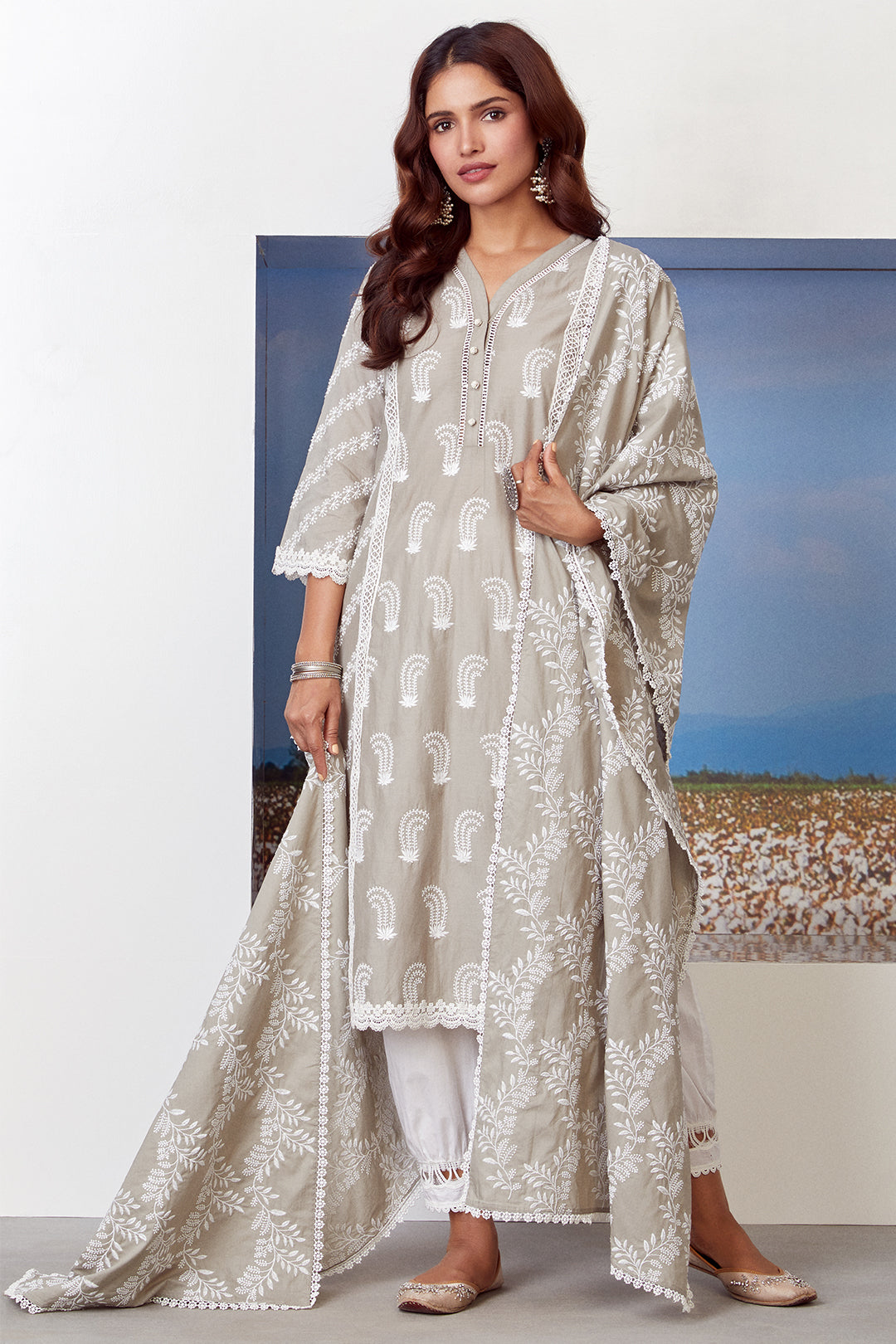 Mulmul Cotton Rhinestone Grey Kurta With New Harem White Pyajama