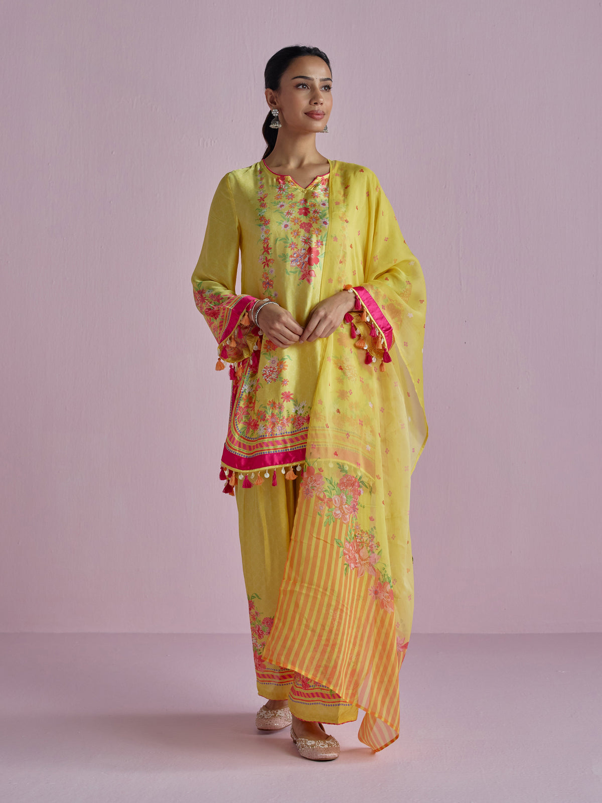 Zivae Cupro Satin Printed Yellow Kurta Set