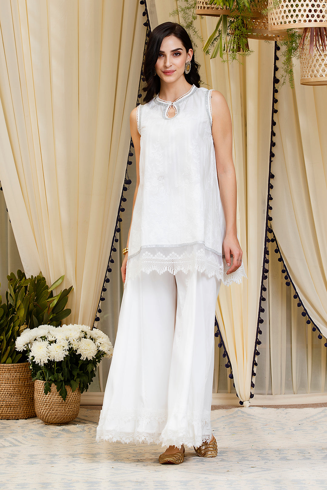 Blossom White Kurti Kurta with Sharara Set