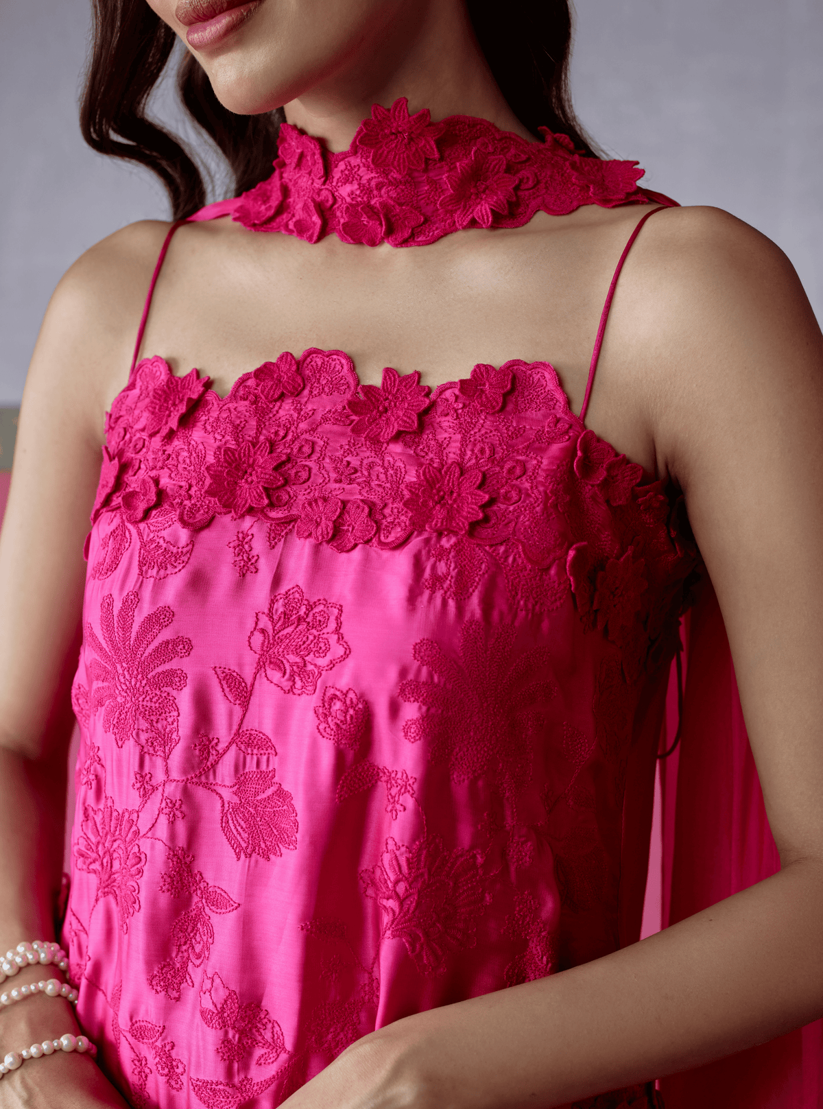 Jheel Cupro Satin Fuchsia Short Kurta Set
