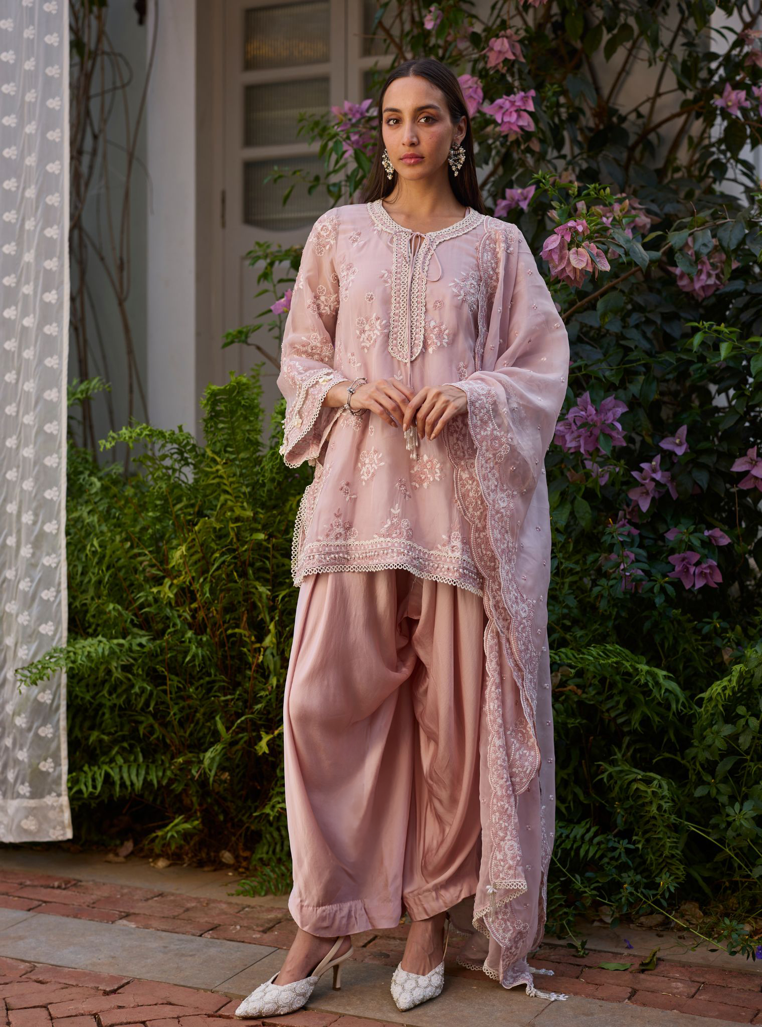 Zeni Organza Dusty Pink Kurta With Draped Cupro Pants