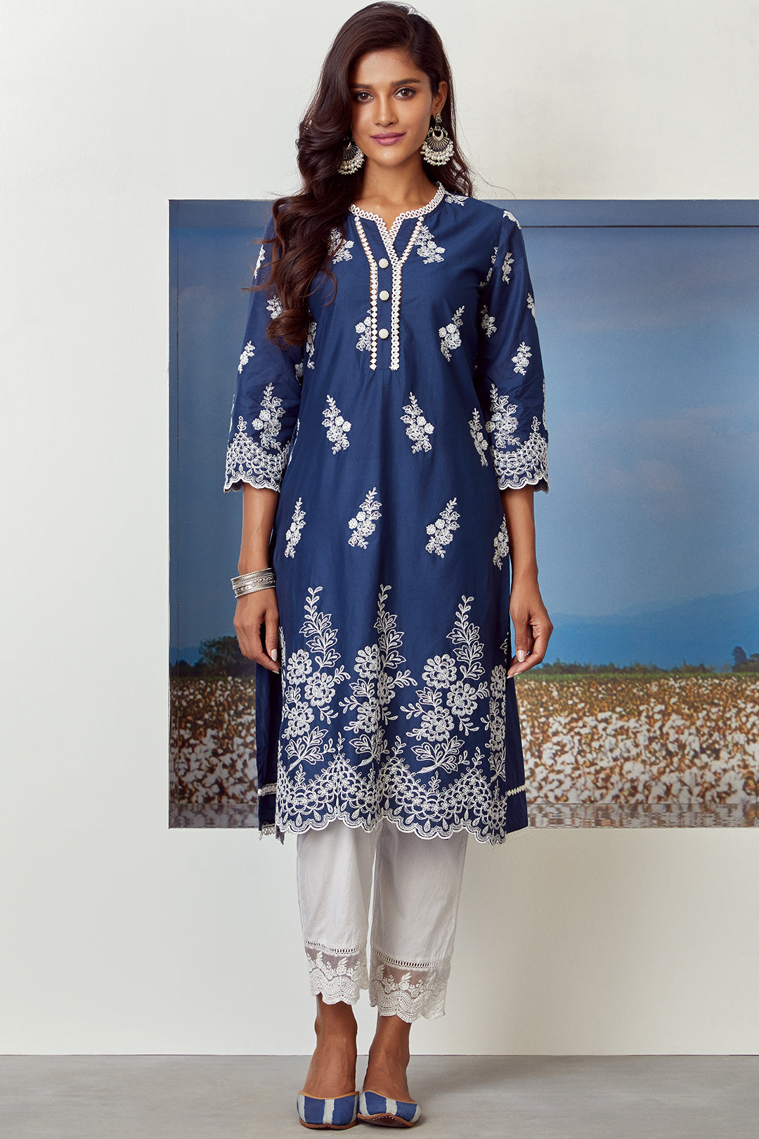 Mulmul Supima Cotton Moon Light Navy Kurta