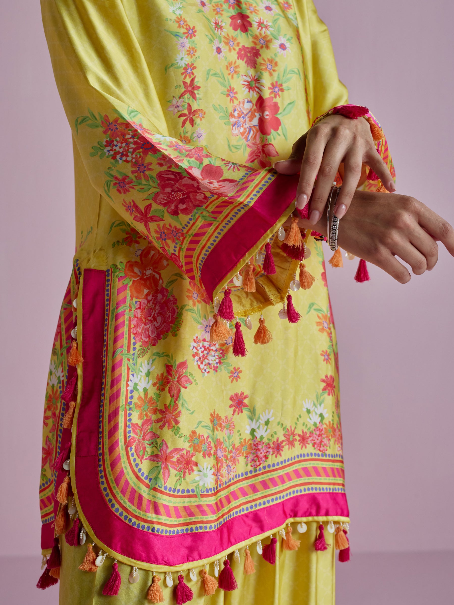 Zivae Cupro Satin Printed Yellow Kurta Set
