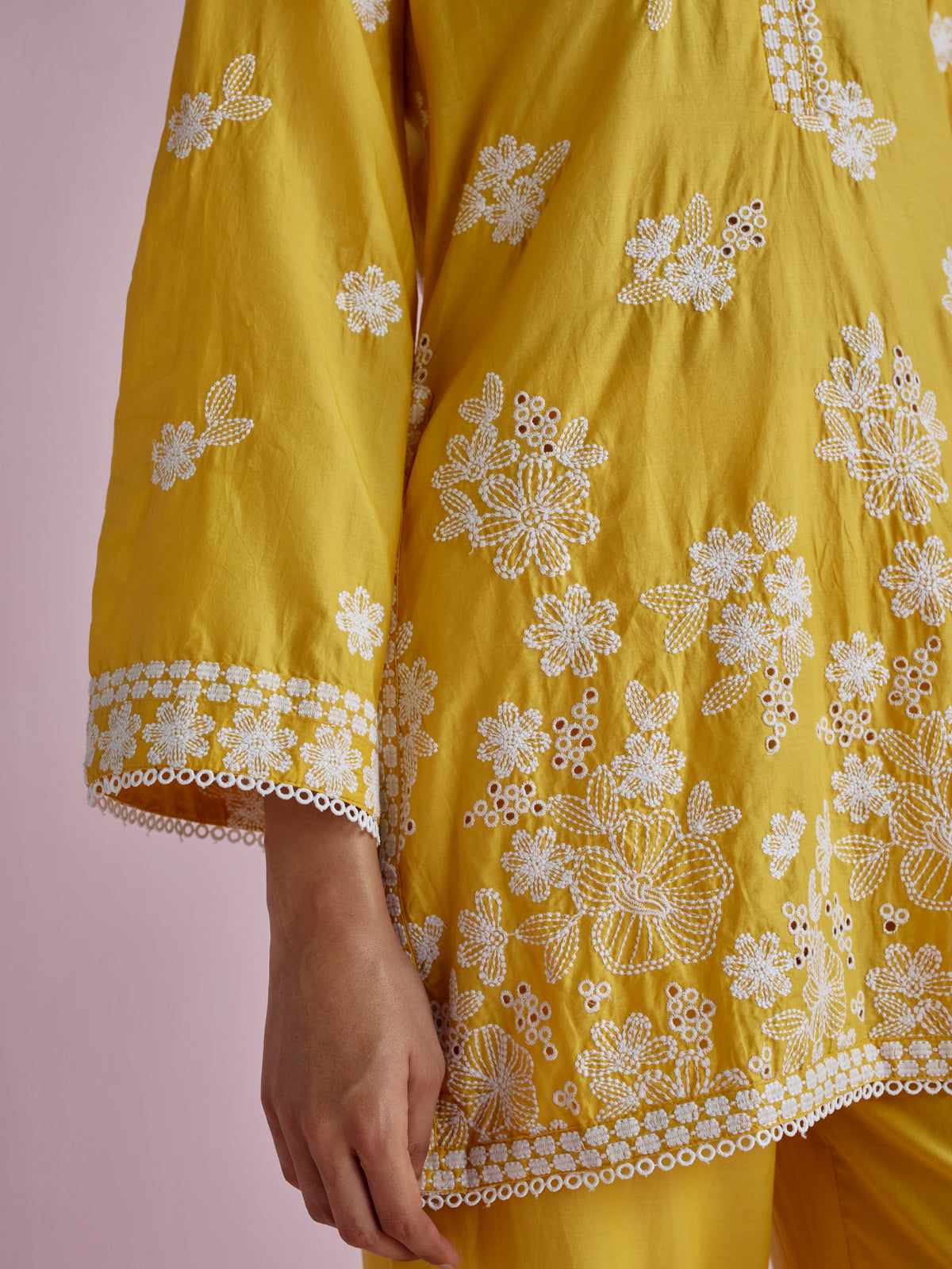 Kalani Supima Cotton Yellow With White Emb Co-ord Set